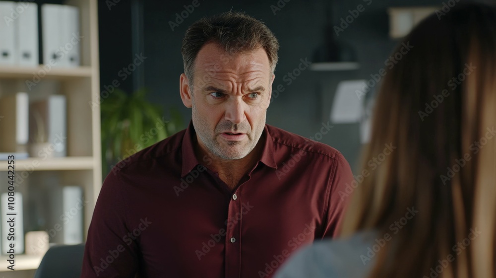 displeased man in a maroon shirt actively talking with a colleague in a modern office, soft daylight displeased man in a maroon shirt actively talking with a colleague in a modern office, soft daylight