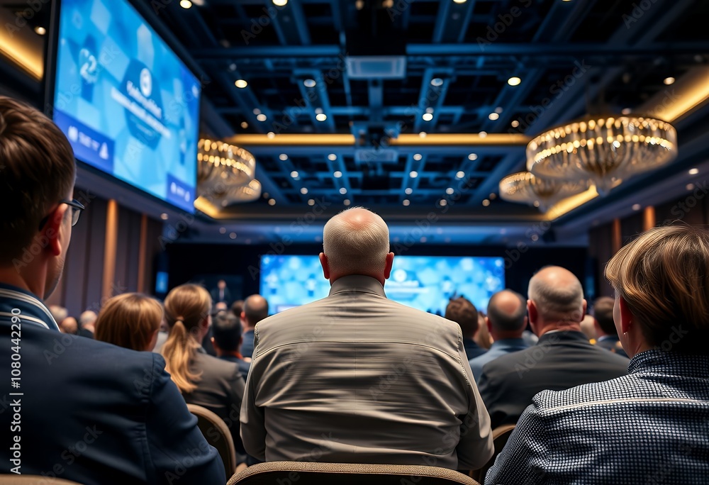 Fototapeta premium Conference Audience Business Meeting Seminar Presentation Large Screen Attendees