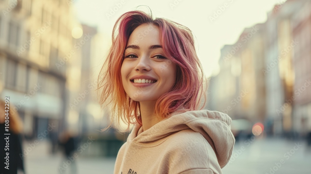 woman with colored hair in a beige hoodie smiling and listening to music, blurred passersby and buildings in the background, soft daylight woman with colored hair in a beige hoodie smiling and listening to music, blurred passersby and buildings in the background, soft daylight