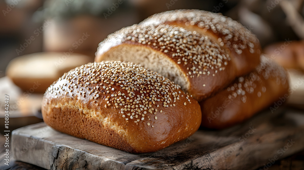 Freshly baked bread loaves with sesame seeds on a rustic wooden cutting board Freshly baked bread loaves with sesame seeds on a rustic wooden cutting board