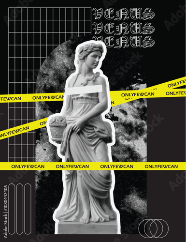 Album cover, photocopy style retro poster, Abstract poster, impressive t-shirt design, goddess statue, venus