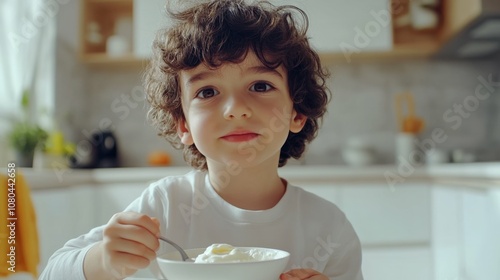 boy with dark curly hair and brown eyes eating yogurt from a bowl in a bright modern kitchen with a soft focus background
