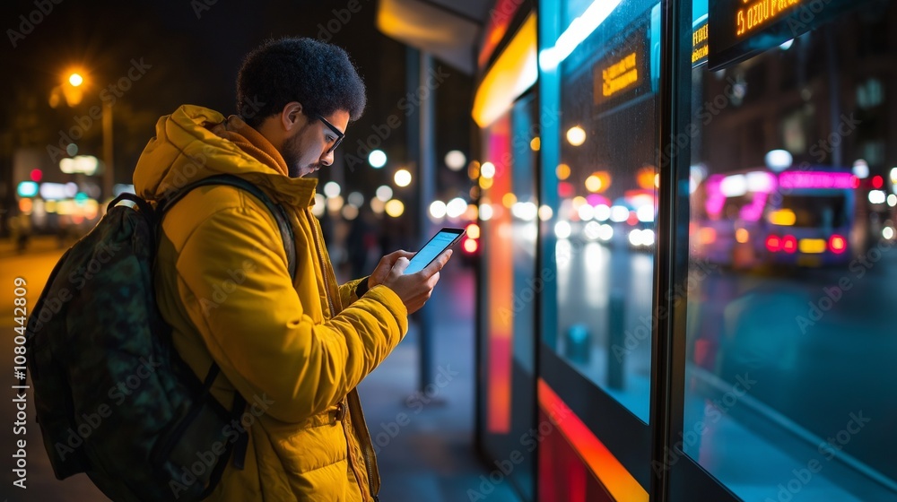 Obraz premium backpacker checking a bus schedule on their smartphone near a colorful city bus stop, with bright urban lighting and busy streets in the background