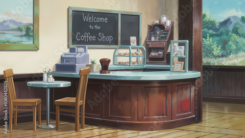 anime interior of a cafe