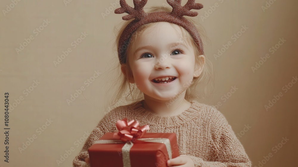 Excited child with reindeer headband holding a gift, minimal background with soft lighting, Excited child with reindeer headband holding a gift, minimal background with soft lighting,