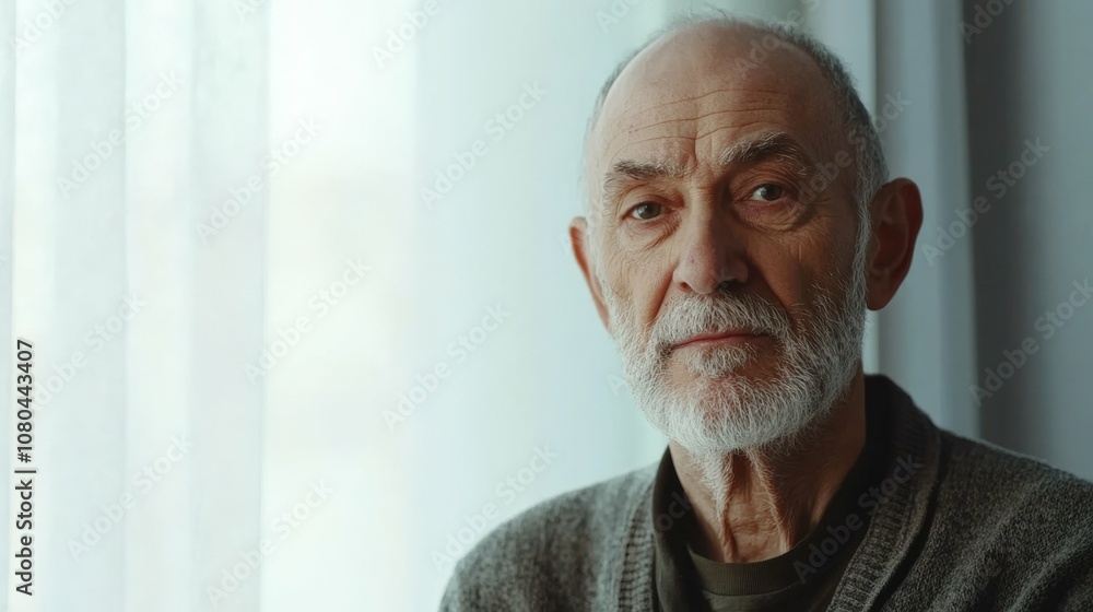 elderly man with a light beard looking at the camera against a bright office background, soft daylight with shadows elderly man with a light beard looking at the camera against a bright office background, soft daylight with shadows