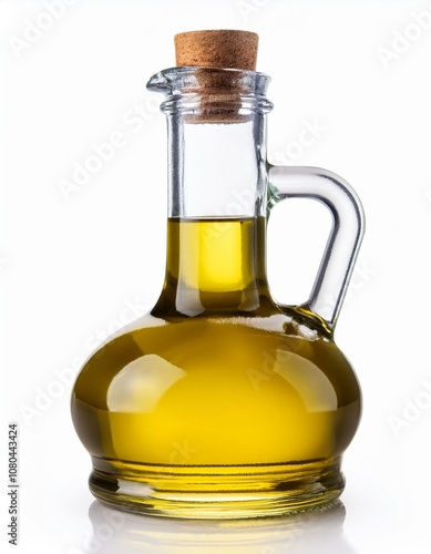 瓶に入ったオリーブオイル（Bottle of olive oil on white background.） 