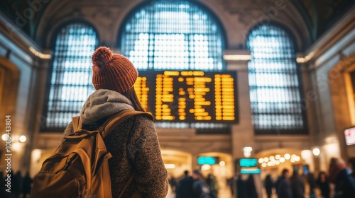 traveler looking at a departure board in a classic train station with historical architecture