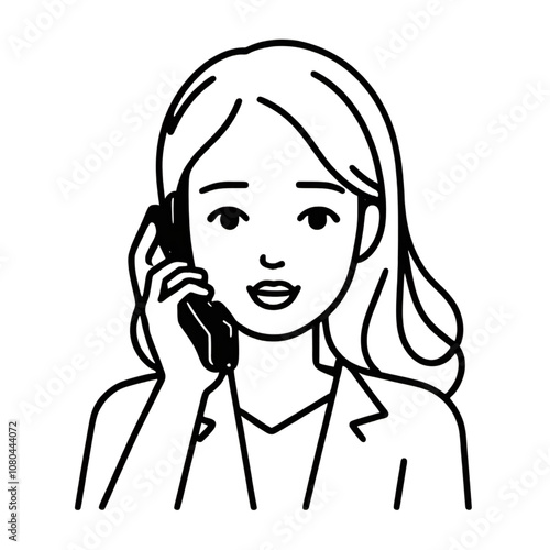 simple line drawing, woman holding phone, black and white, vector illustration
