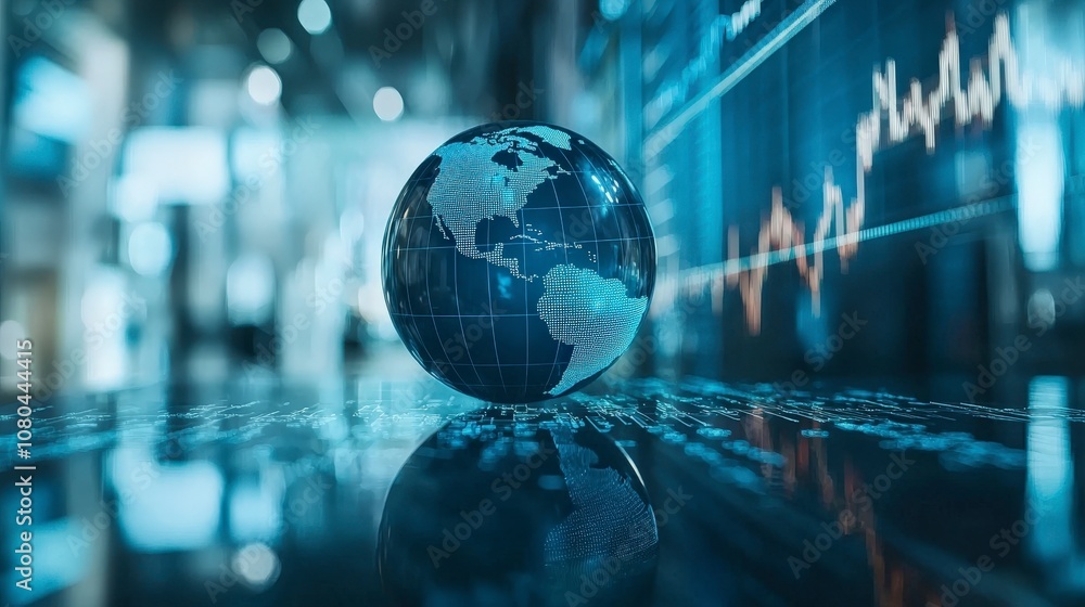 The Earth globe is depicted with illuminated financial market data in the backdrop, symbolizing the bustling interaction of international economies and trades. The Earth globe is depicted with illuminated financial market data in the backdrop, symbolizing the bustling interaction of international economies and trades.