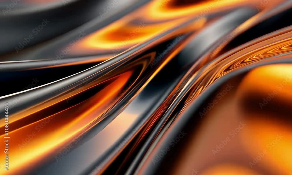 a colorful and abstract design in a glass casket, in the style of fluid blending forms, smooth surface, rendered in cinema4d, flowing draperies, orange and blue, focus stacking, sleek metallic finish