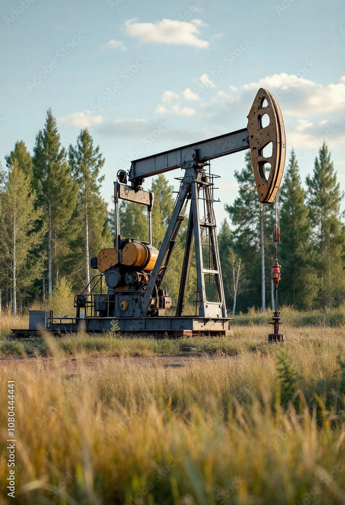 Oil pump jack operating in a golden grassy field during autumn. Oil pump jack operating in a golden grassy field during autumn.