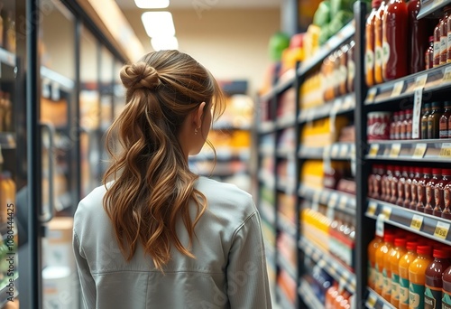 Woman Shopping Grocery Store Aisles Food Selection Supermarket