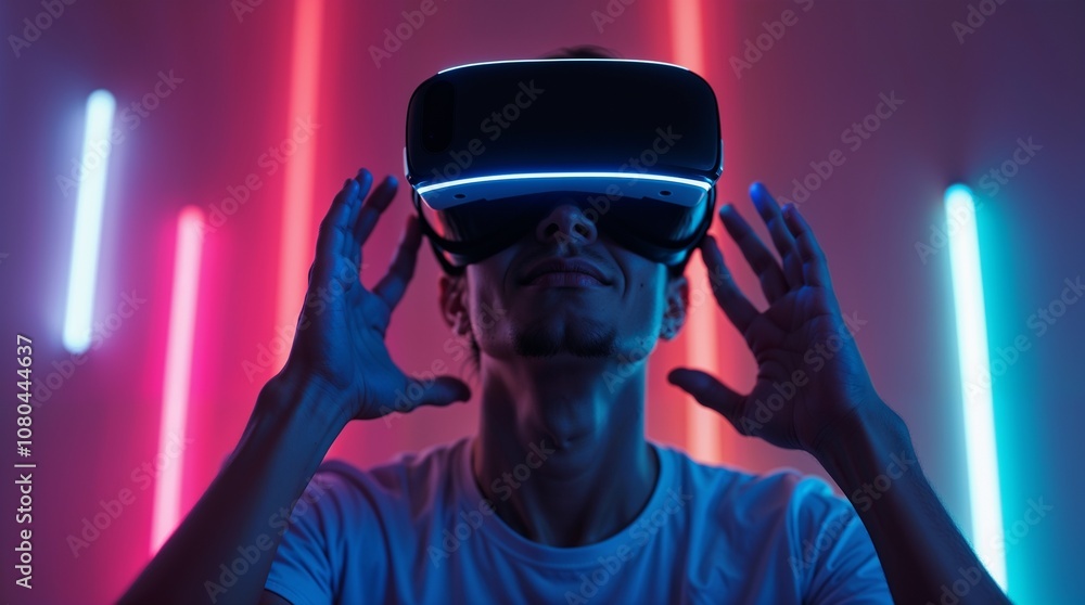 Man in virtual reality glasses against a background of multi-colored bokeh Man in virtual reality glasses against a background of multi-colored bokeh