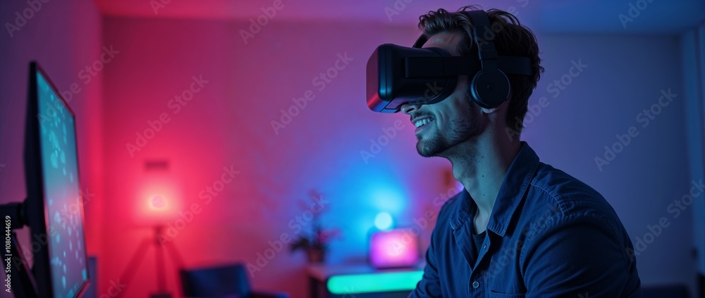 Man in virtual reality glasses against a background of multi-colored bokeh Man in virtual reality glasses against a background of multi-colored bokeh