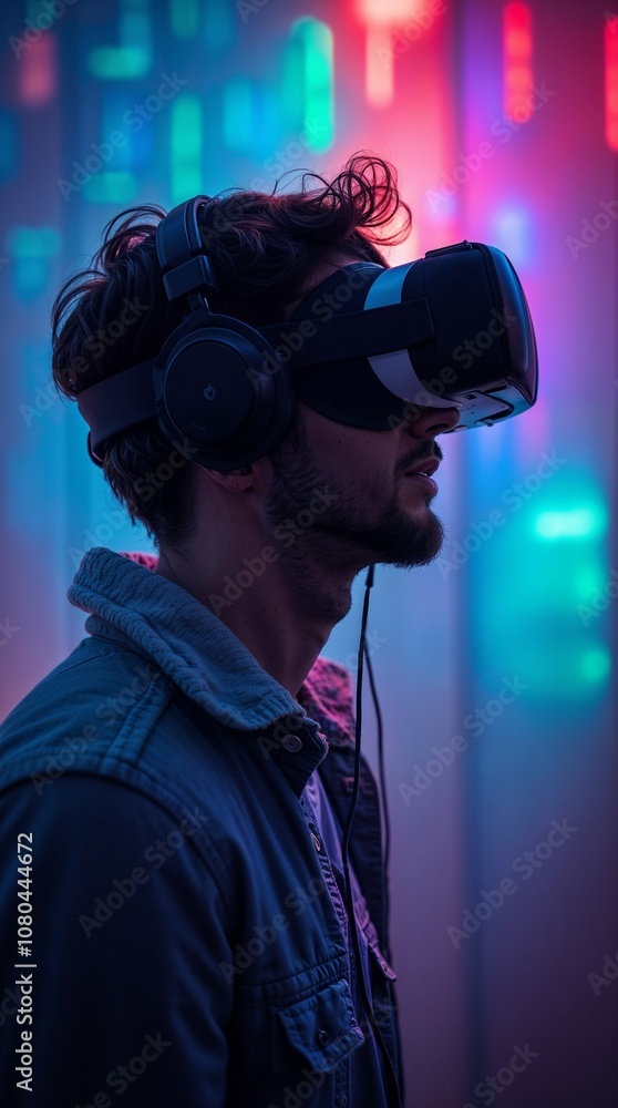 Man in virtual reality glasses against a background of multi-colored bokeh Man in virtual reality glasses against a background of multi-colored bokeh