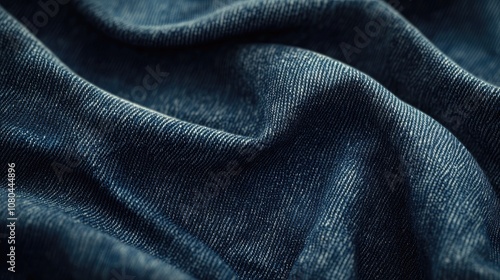 Close-up of dark blue denim fabric, showcasing its rich texture and subtle weave.