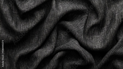 Close-up of luxurious textured black fabric, showcasing intricate patterns and folds.