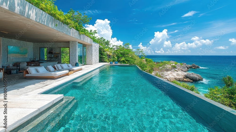 Fototapeta premium Luxurious villa with infinity pool overlooking the ocean.