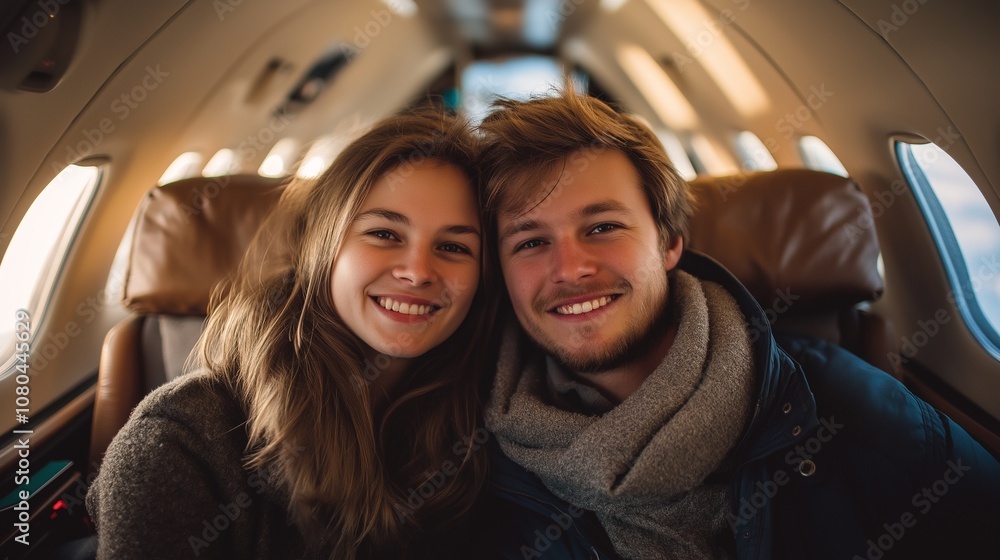 young caucasian couple seated in an airplane young caucasian couple seated in an airplane