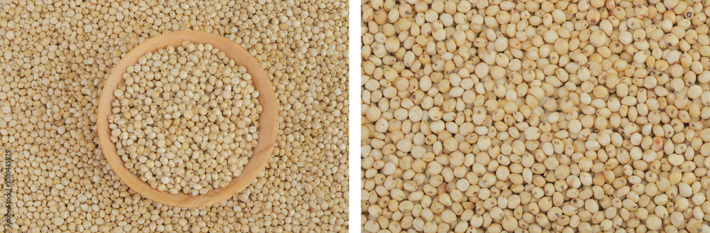 background of sorghum seeds with wooden bowl. Top view. Flat lay. background of sorghum seeds with wooden bowl. Top view. Flat lay.