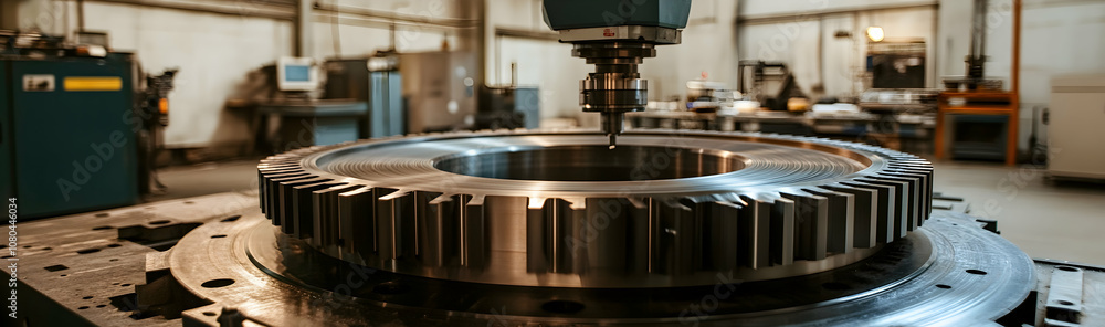 Fototapeta premium Modern CNC milling machine making a large cogwheel in a machining workshop -