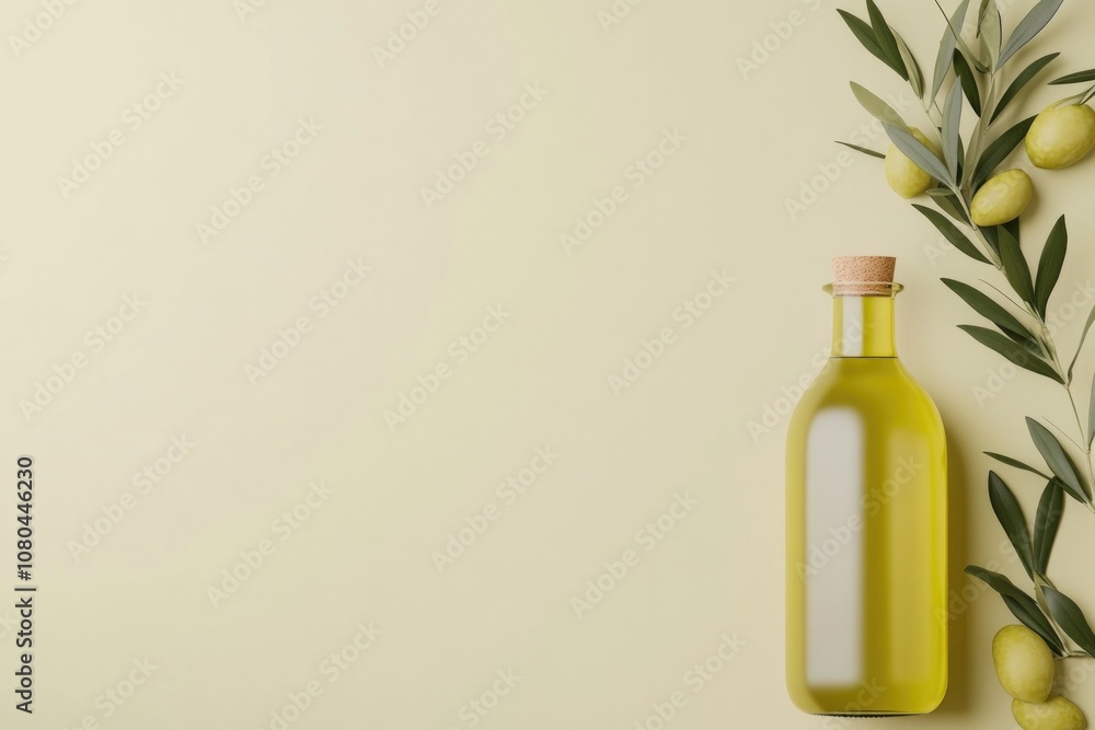 Minimalist green bottle with olive branches and olives on a soft pastel background, capturing the essence of natural ingredients and Mediterranean wellness lifestyle. Minimalist green bottle with olive branches and olives on a soft pastel background, capturing the essence of natural ingredients and Mediterranean wellness lifestyle.