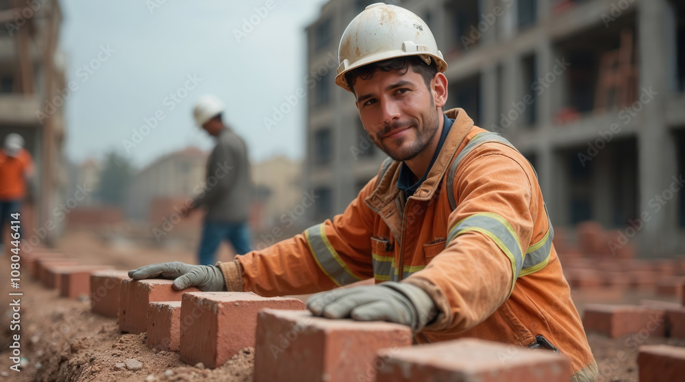 Construction worker laying bricks at building site with blurred background banner concept Construction worker laying bricks at building site with blurred background banner concept