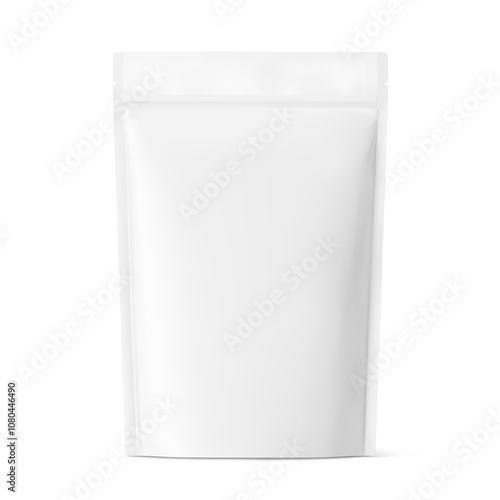 Realistic stand up pouch bag mockup with transparent shadow. Front view. Vector illustration isolated on white background. Ready for your design. EPS10.	