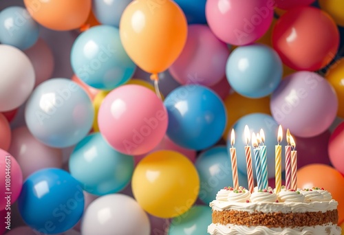 Festive Birthday Cake with Colorful Balloons Background