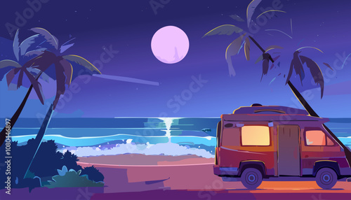 Camping trailer on the beach at night. Vector illustration in flat style