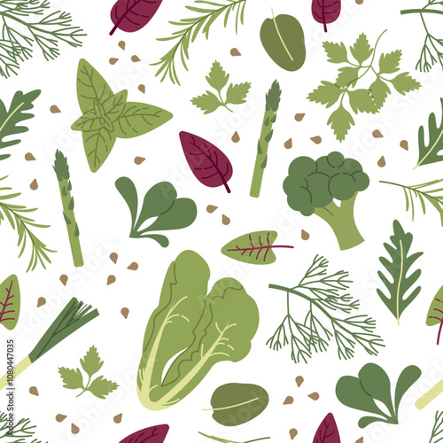 Seamless pattern. Pattern of different types of greens and vegetables on a white background