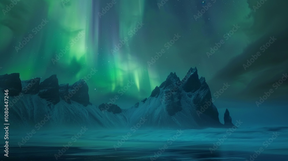 Naklejka premium Northern Lights Dancing Over Icelandic Landscape