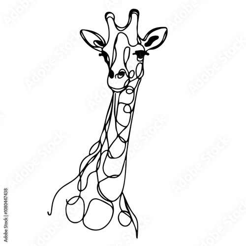 giraffe one line art continuous drawing illustration, black and white , isolated on transparen background