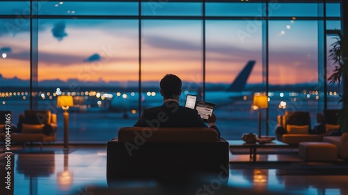 elegant traveler reviewing first-class airplane tickets at a luxury airport lounge