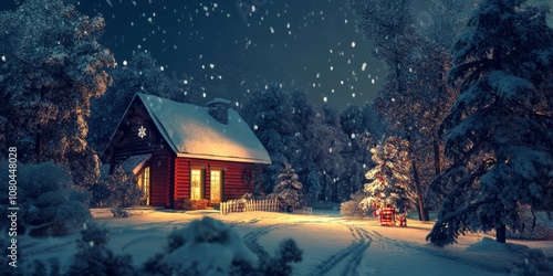 Charming winter scene of a snow-covered cabin illuminated by warm lights, surrounded by a snowy forest under a starry night sky.