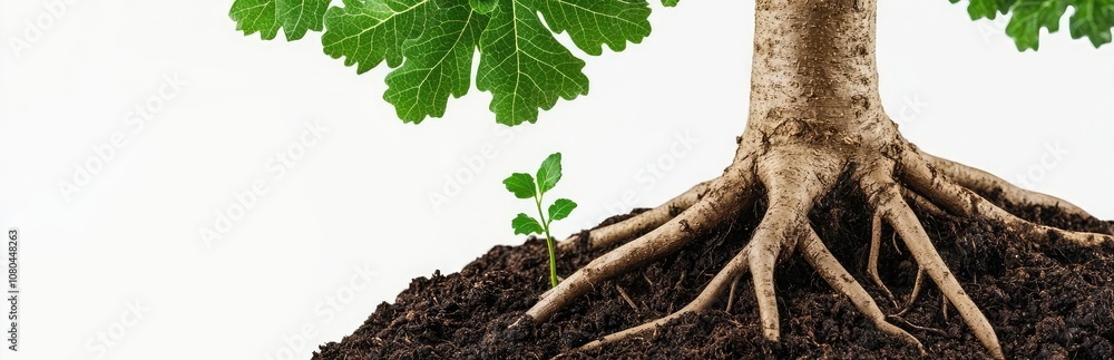 Fototapeta premium Tree roots in soil with a sprouting plant, white isolated background.