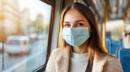 A young woman wearing a mask sits on a bus, looking out the window, reflecting a moment of quiet amid urban activity.