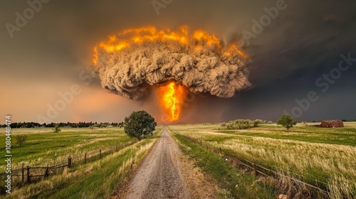 Tornado, funnel shape and its impact. A dramatic firestorm cloud with an intense fiery column forms over a rural landscape, creating a powerful and apocalyptic scene.