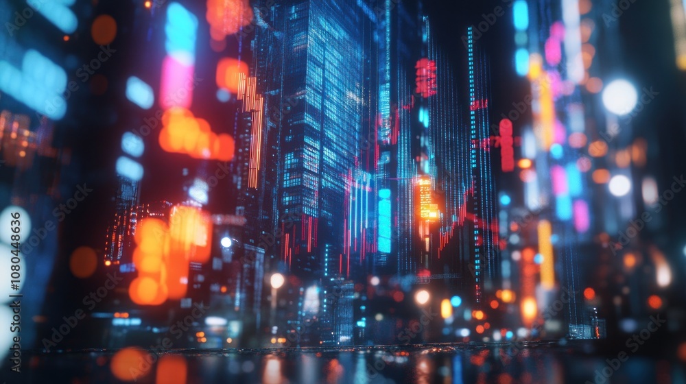 Futuristic cityscape with vibrant digital displays. Futuristic cityscape with vibrant digital displays.