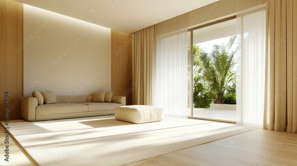The expansive and airy modern living space with sleek furniture, including a low-profile couch and minimalist pouf, is beautifully illuminated through large glass sliding doors. The expansive and airy modern living space with sleek furniture, including a low-profile couch and minimalist pouf, is beautifully illuminated through large glass sliding doors.
