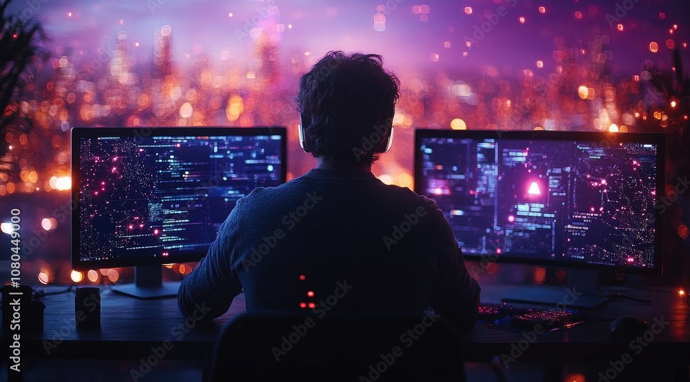 A programmer sits in front of two monitors with glowing code, working late into the night. A programmer sits in front of two monitors with glowing code, working late into the night.
