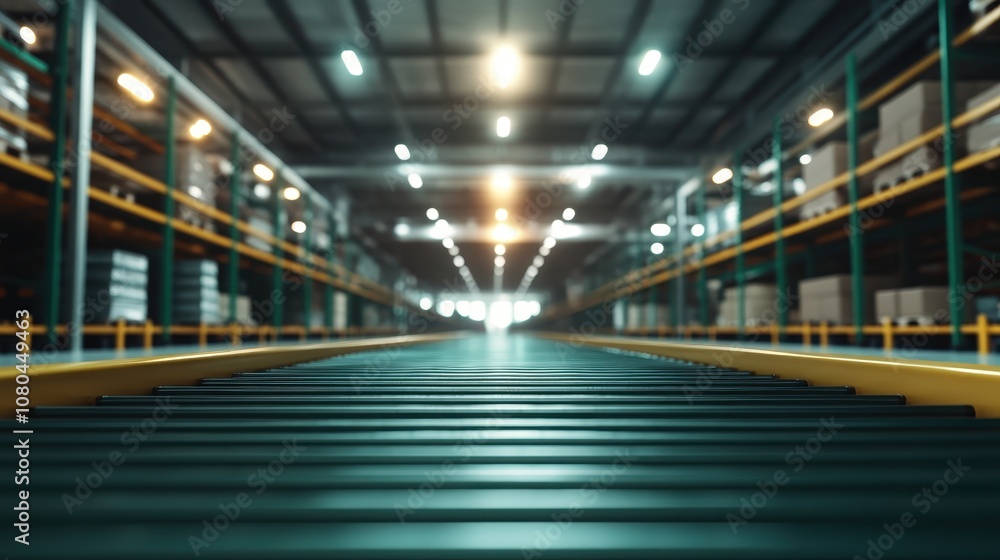 An active conveyor belt stretches through a vast industrial warehouse, illuminated by bright artificial lights, symbolizing progress and human achievement. An active conveyor belt stretches through a vast industrial warehouse, illuminated by bright artificial lights, symbolizing progress and human achievement.