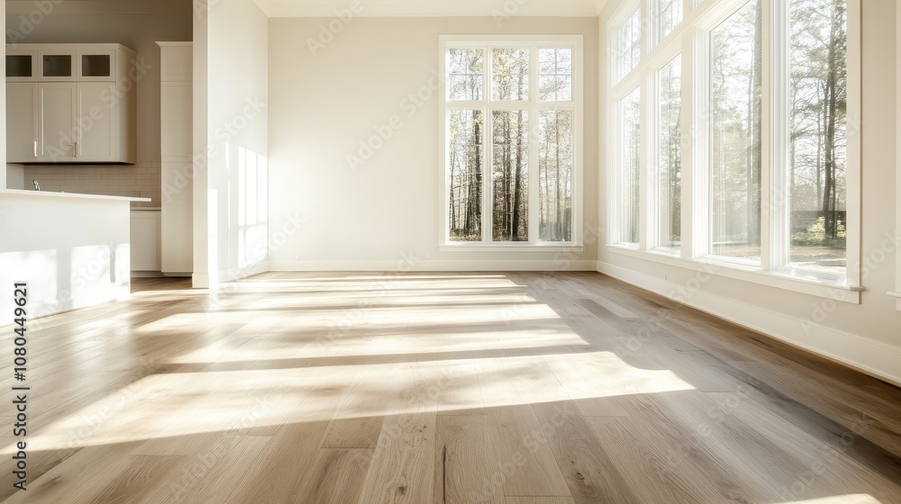 A bright, empty room with a parquet floor and large windows, letting in ample sunlight, conveying an air of modern elegance and spaciousness. A bright, empty room with a parquet floor and large windows, letting in ample sunlight, conveying an air of modern elegance and spaciousness.
