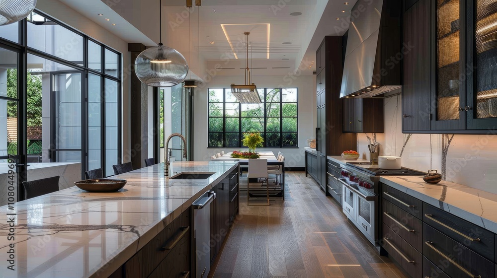 Elevated view of a contemporary kitchen layout Elevated view of a contemporary kitchen layout