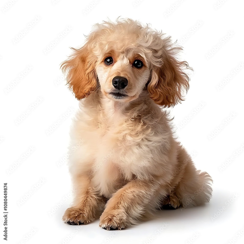 The image shows a charming Poodle dog sitting gracefully on a white background, showcasing its fluffy curly coat, elegant posture, and alert expression.Isolated on a white background. The image shows a charming Poodle dog sitting gracefully on a white background, showcasing its fluffy curly coat, elegant posture, and alert expression.Isolated on a white background.