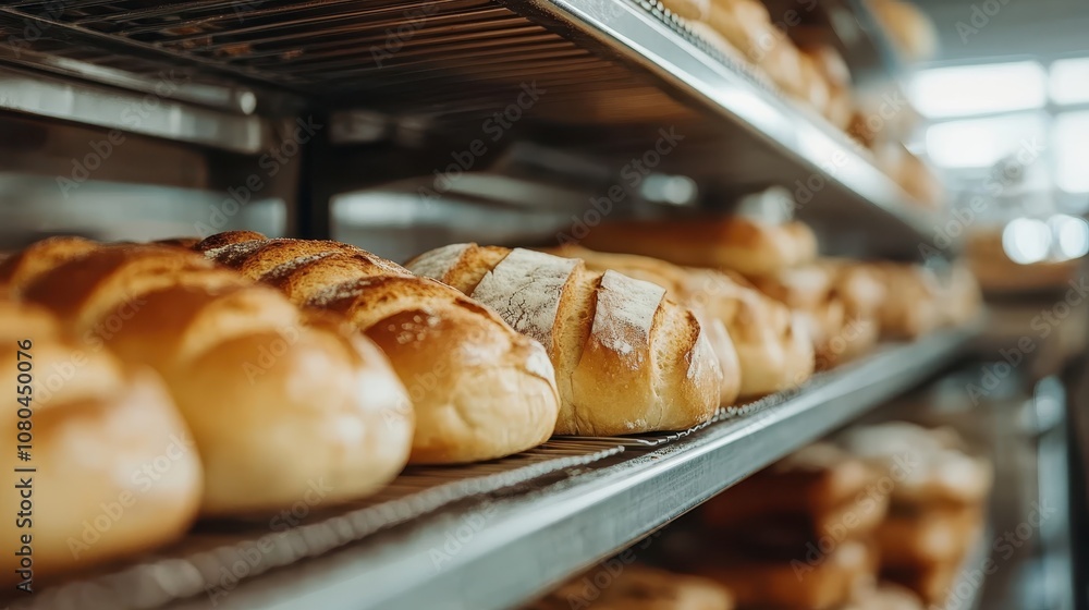 A variety of artisan breads neatly displayed on metal shelves inside a bustling bakery, capturing the essence of traditional baking with diverse textures and shapes. A variety of artisan breads neatly displayed on metal shelves inside a bustling bakery, capturing the essence of traditional baking with diverse textures and shapes.