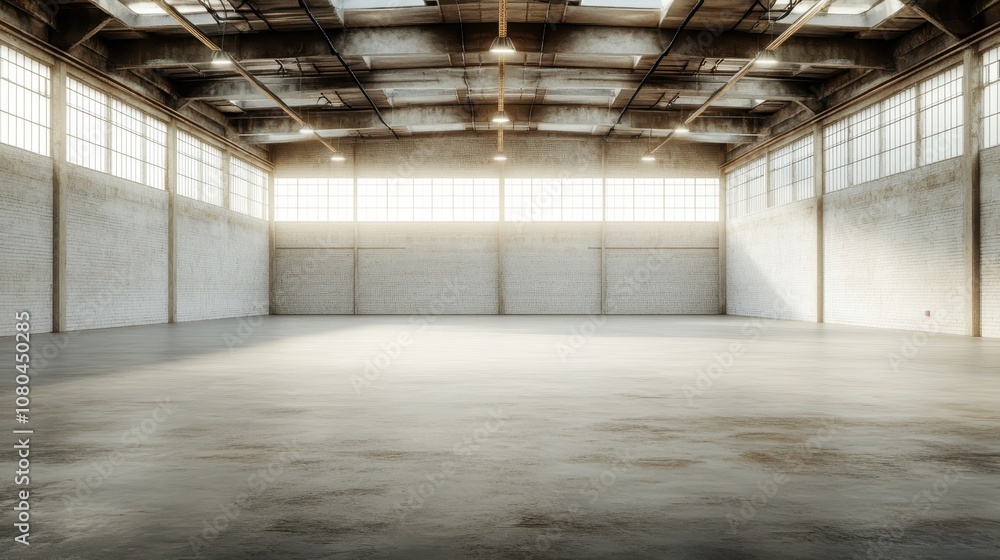 An impressive, large industrial space featuring vast windows allowing abundant natural light, fostering a sense of limitless possibilities within the structural framework. An impressive, large industrial space featuring vast windows allowing abundant natural light, fostering a sense of limitless possibilities within the structural framework.