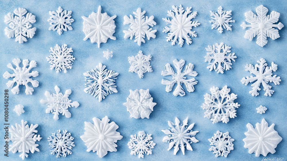 A variety of snowflakes on blue, each one uniquely intricate. A variety of snowflakes on blue, each one uniquely intricate.