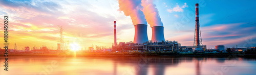 Wallpaper Mural Power plant with smoking chimneys at sunset, representing energy generation and industry  - Torontodigital.ca